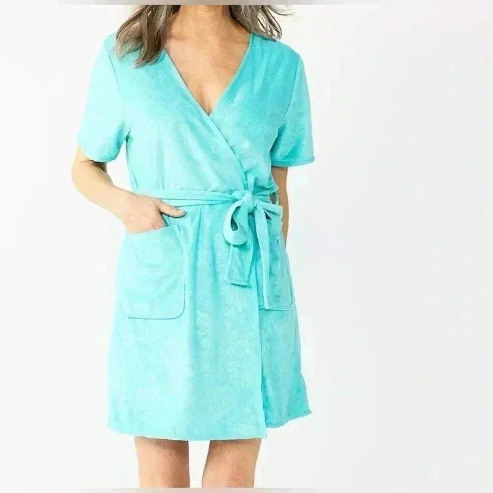 Croft & Barrow NWT WOMENS Short Sleeve Terry Wrap Robe 2X Aqua green